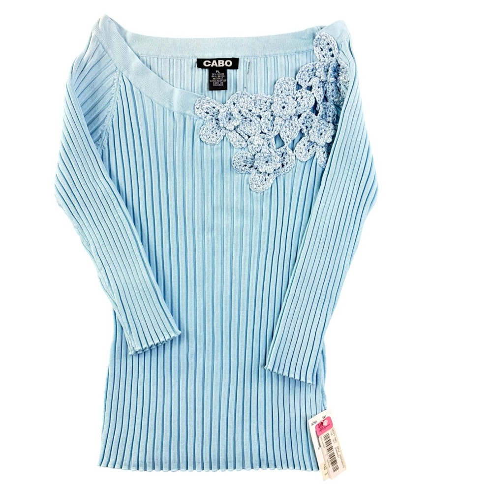 Light Blue Ribbed Off Shoulder Sweater Crochet Floral Detail Petite‎ L Romantic